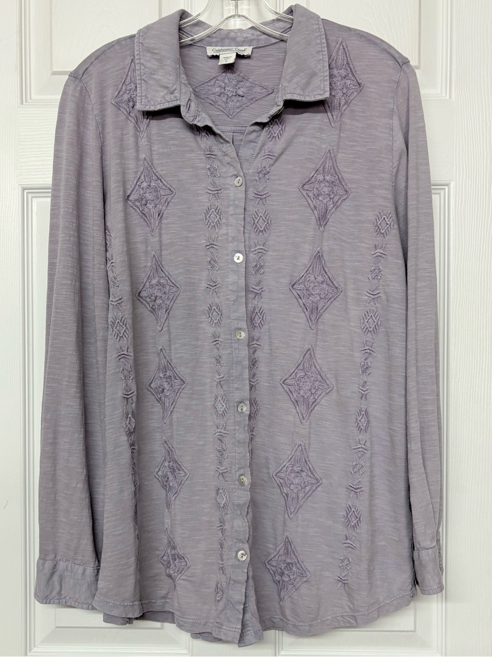 Coldwater Creek Light Purple Embroidered Button Front Slub Knit Cotton Top Sz M